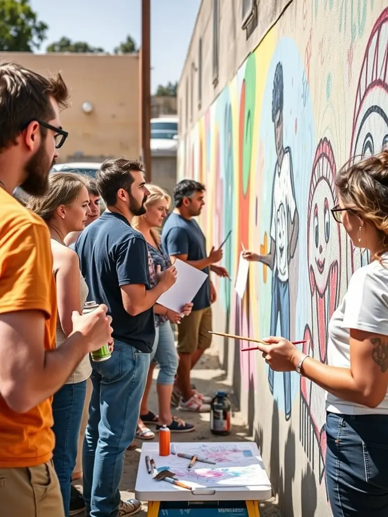 A diverse group of adults collaborating on a community mural project, reflecting the ASSOCIATION MAREE HAUTE's efforts to promote social connection and artistic expression.