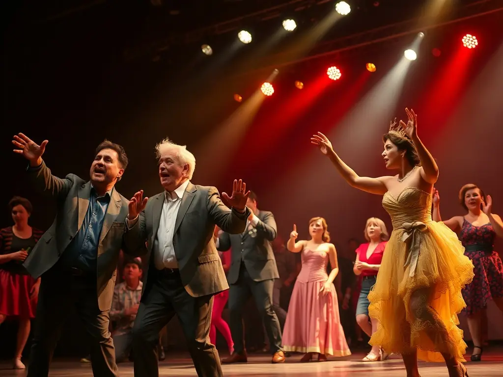 A dynamic image of performers on stage during a theatrical production, capturing the energy and excitement of ASSOCIATION MAREE HAUTE's performance-based activities.