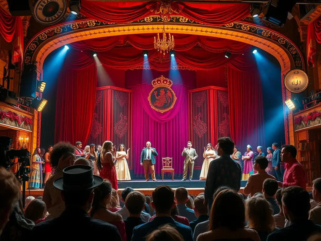 A dynamic image of a community theater performance, with actors on stage and an engaged audience, demonstrating the vibrant cultural events organized by ASSOCIATION MAREE HAUTE.