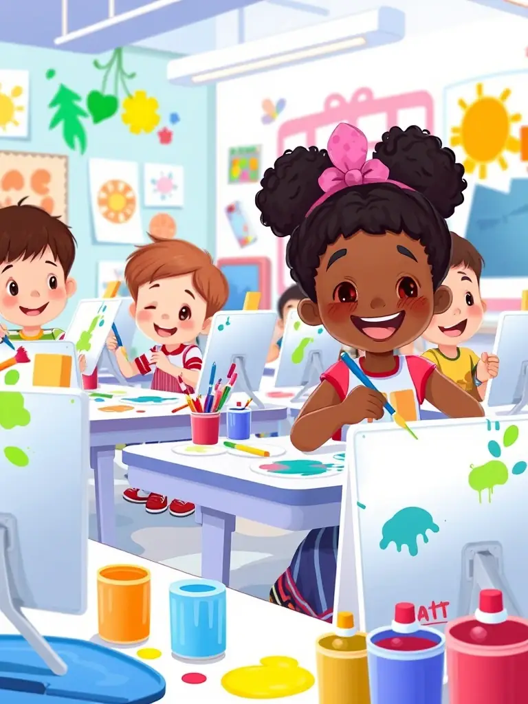 A group of children participating in a painting workshop, with colorful artwork displayed in the background, showcasing the ASSOCIATION MAREE HAUTE's commitment to fostering creativity in young people.