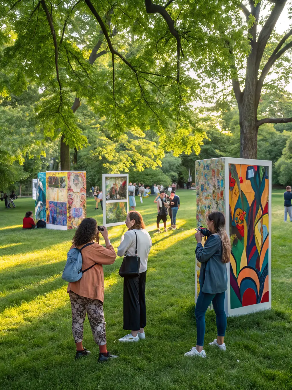 A photo of volunteers setting up an art exhibition in a public space, highlighting the association's efforts to make art accessible to a wider audience.