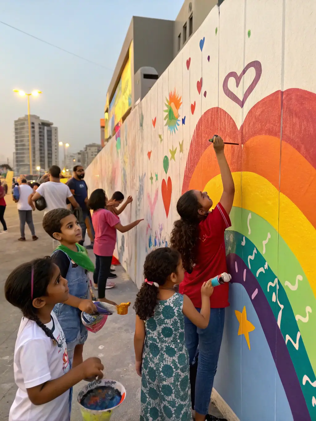 A group of diverse individuals participating in a collaborative art project, painting a large mural in a community space, symbolizing the association's commitment to fostering creative expression.