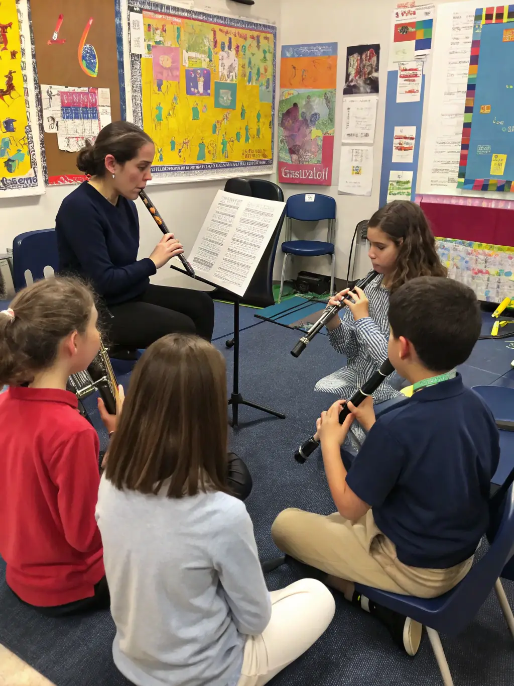 A photograph of children engaged in a music workshop, learning to play instruments and create melodies, representing the association's dedication to arts education.