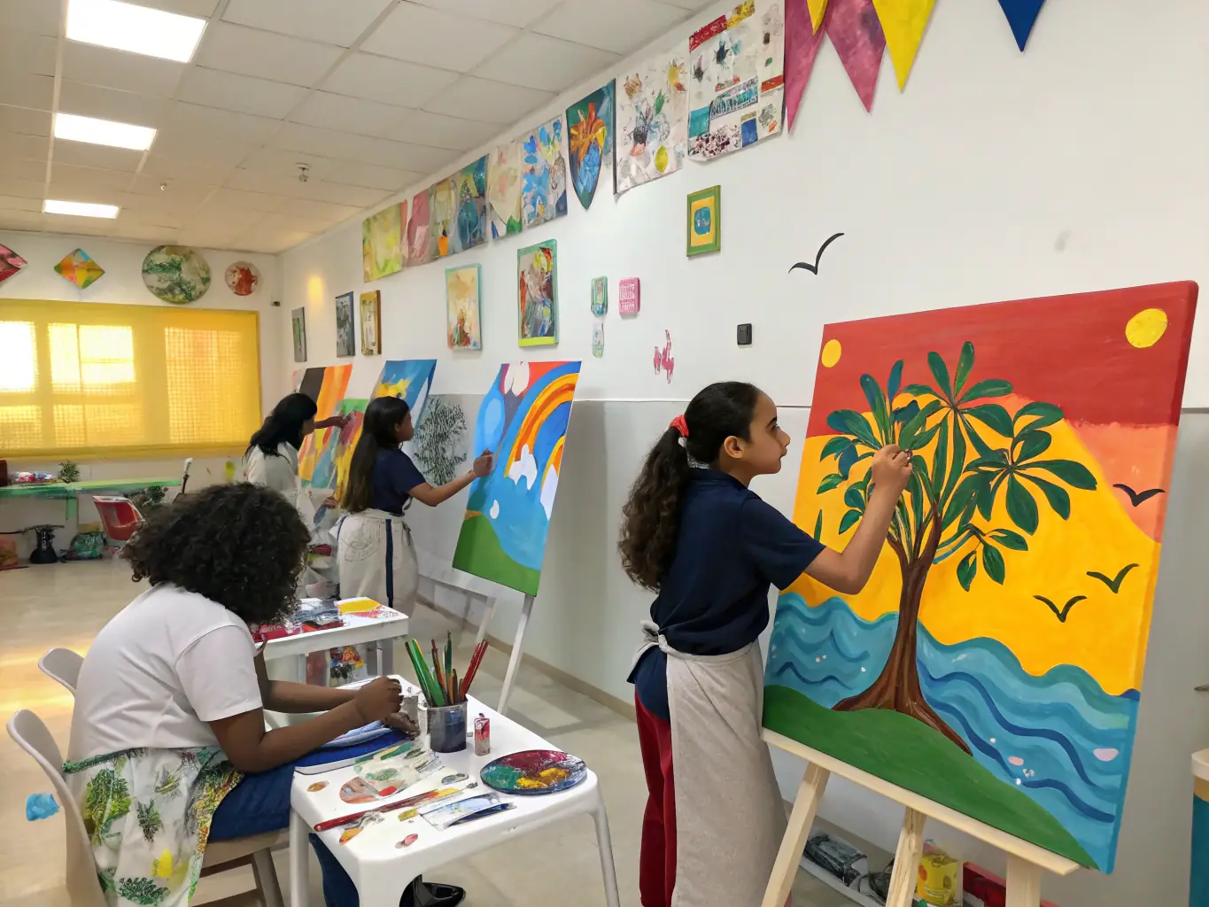 An image of children participating in a vibrant painting workshop, with colorful artworks displayed in the background, showcasing the joy and creativity fostered by ASSOCIATION MAREE HAUTE's programs.