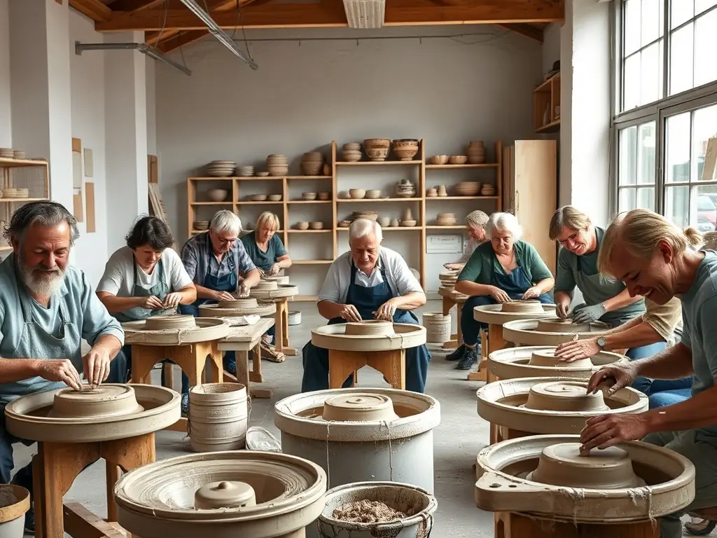 A photograph of adults engaged in a pottery class, learning new techniques and creating unique ceramic pieces, highlighting the diverse artistic opportunities offered by ASSOCIATION MAREE HAUTE.
