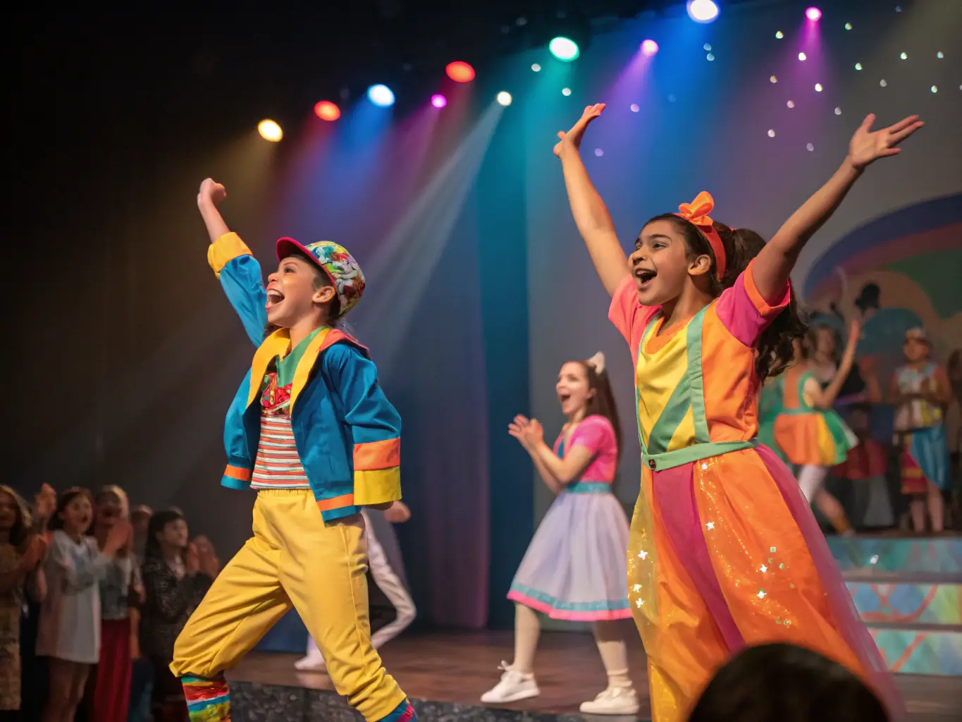 A vibrant scene from a community theater performance, showcasing actors in colorful costumes on stage, with an audience enjoying the show.