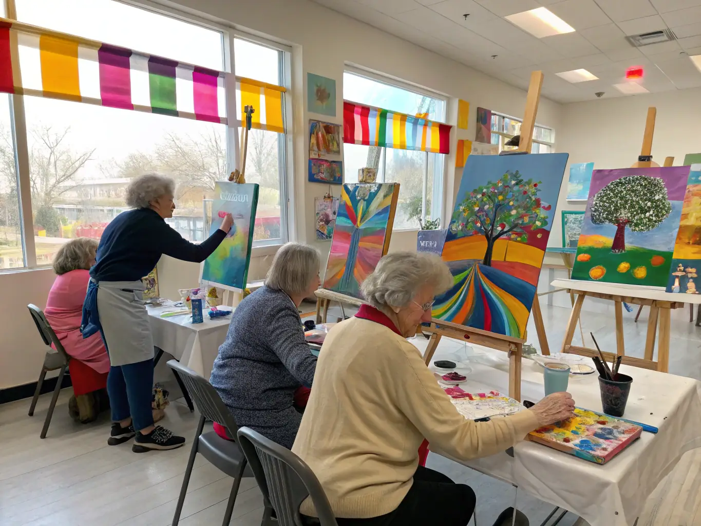 A group of diverse individuals participating in a visual arts workshop, focused on painting and drawing, with an instructor providing guidance in a bright, creative studio setting.