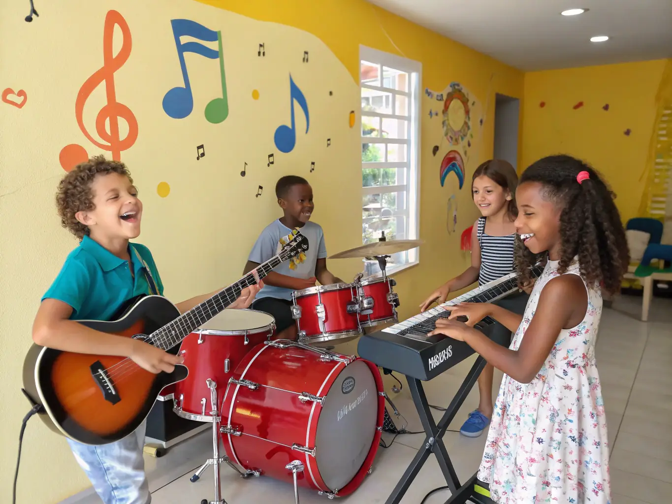 A group of young people learning to play musical instruments in a music workshop, with a focus on collaboration and ensemble playing.