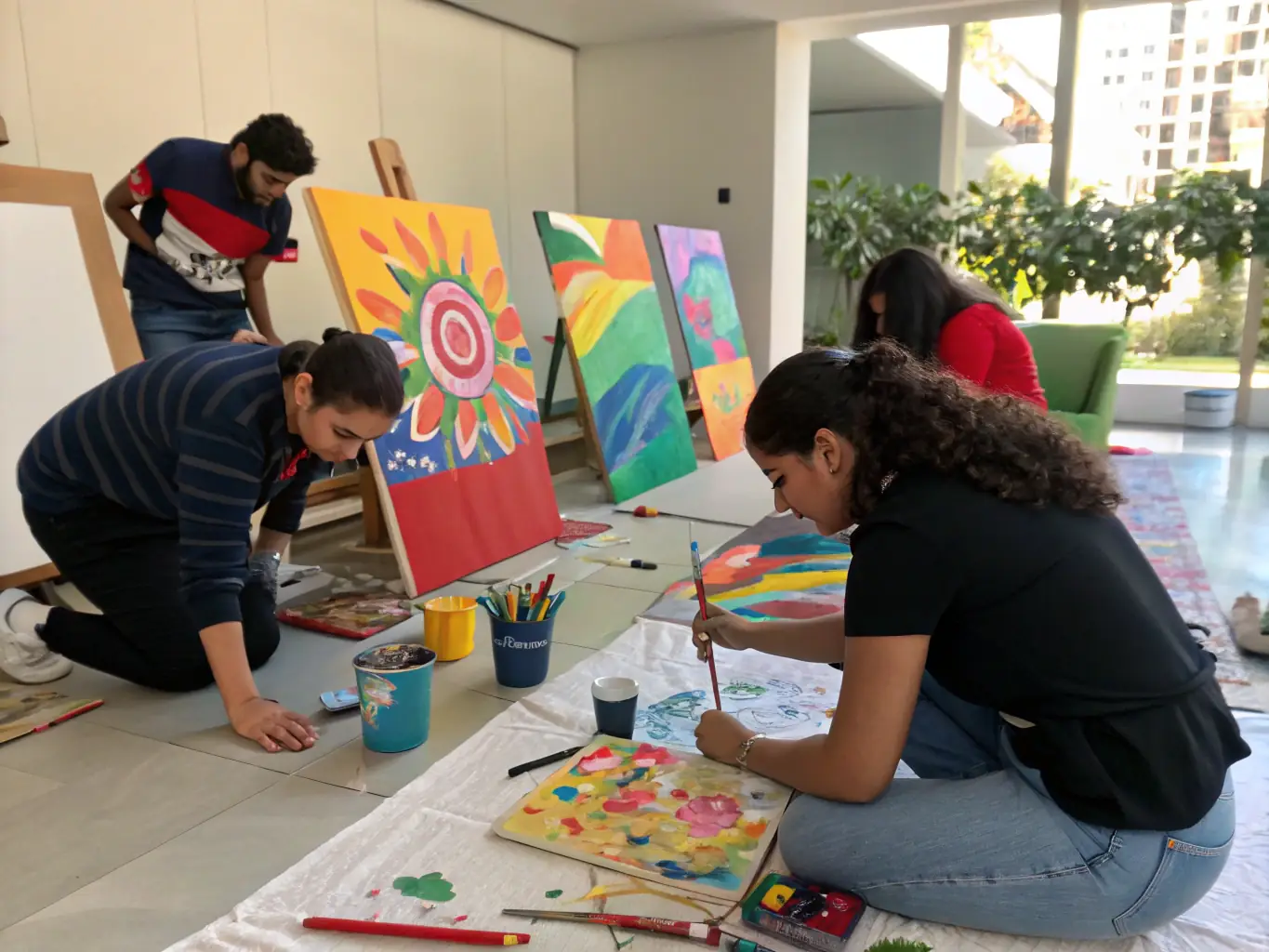 A vibrant image of participants engaged in a visual arts workshop, painting and creating artwork in a collaborative setting, showcasing the hands-on experience and creative atmosphere of ASSOCIATION MAREE HAUTE's programs.